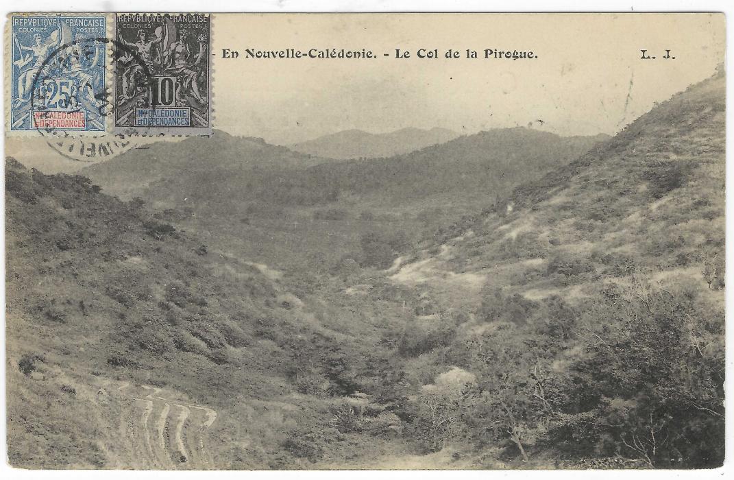 New Caledonia 1904 (13 Dec) picture postcard ‘Le Col de la Pirogue’ registered to Anvers, Belgium franked 10c. and 25c. tied Noumea cds on picture side, reverse with further dispatch cds, framed ‘R’ and arrival cds.