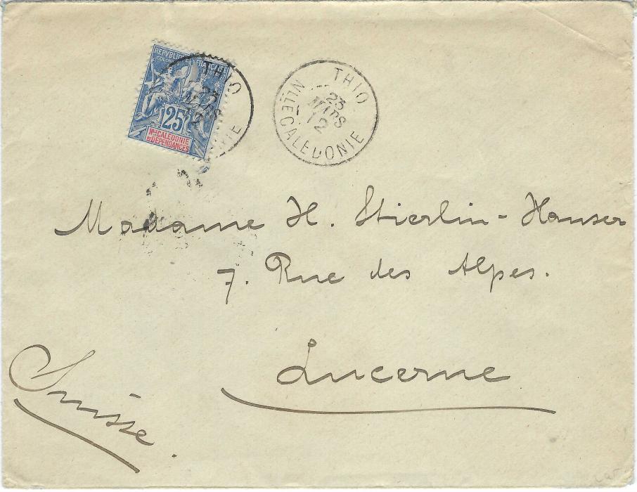 New Caledonia 1912 (23 Mars) cover to Lucerne, Switzerland bearing single franking  25c. tied Thio cds, reverse with Noumea transit and Luzern arrival cds. 