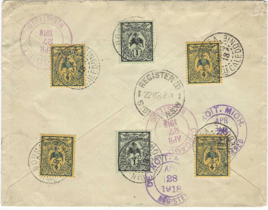 New Caledonia 1918 (4 Mars) part printed registered cover to Detroit, United State franked front and back with Kagu 1c. (2) and 4c. (12) cancelled Noumea cds, blue-grey regitration label with manuscript number, reverse with Sydney transit and arrival cancels; fine and fresh,