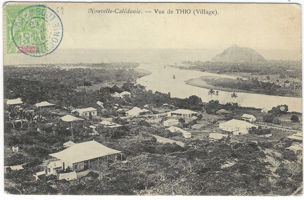 New Caledonia 1920 (21 Avril) picture postcard Vue de Thio to France franked 5c. tied blue Pouembout Nlle Caledonie cds that is repeated on reverse, both showing inverted year date.