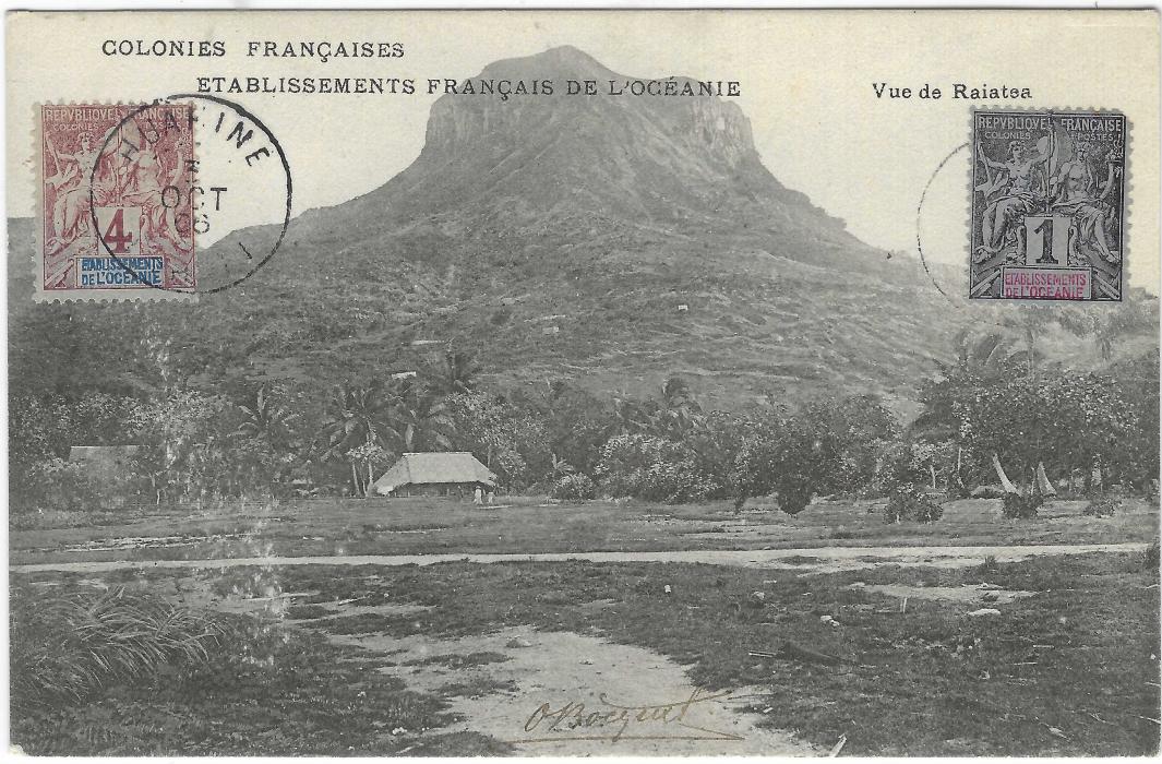 French Oceanic Settlements 1906 (5 Oct) picture postcard ‘Vue de Raiatea’ to Belgium franked at 5c. rate with 1c. and 4c. tied scarce Huahine cds. 1c. slightly rounded corner otherwise fine.