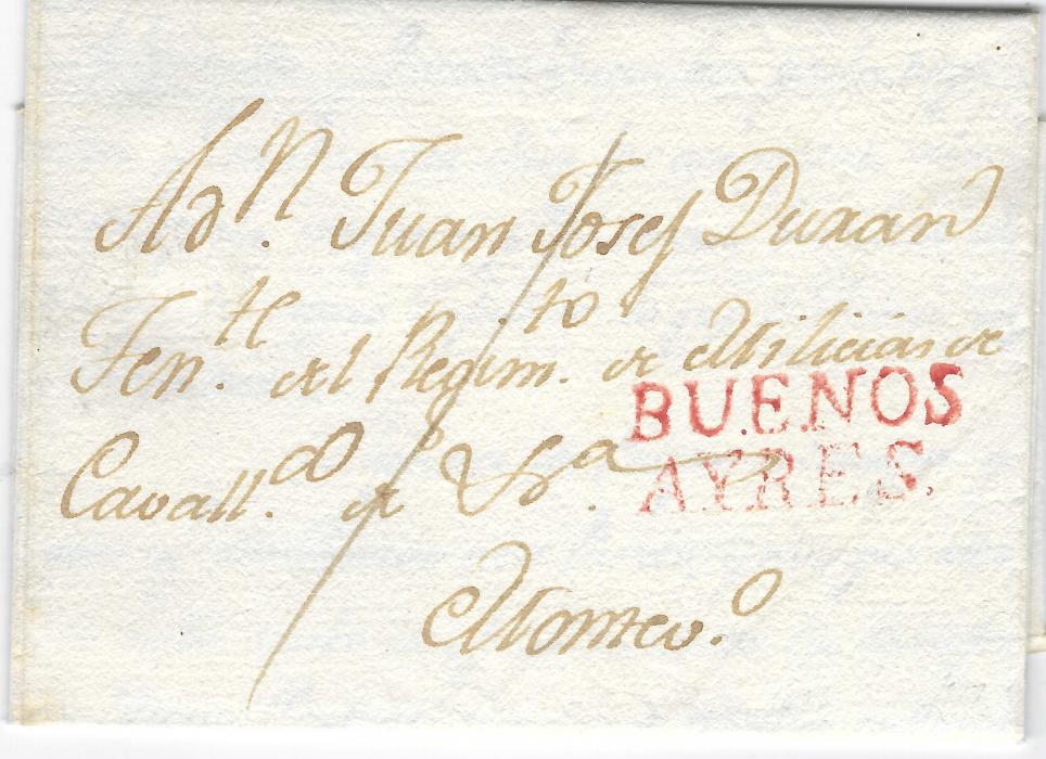 Argentina 1808 entire to Montevideo with fine two-line red BUENOS/ AYRES; Extremely fine and fresh example.