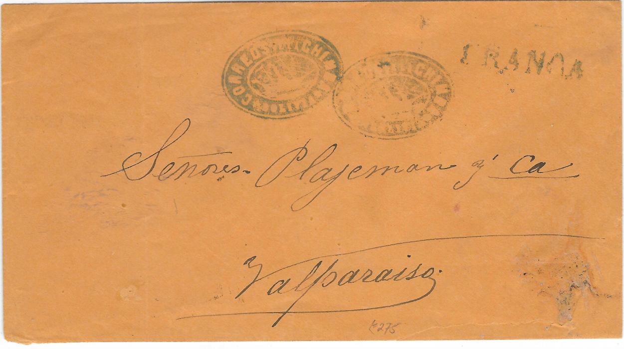Bolivia 1877 cover to Valparaiso, Chile handstamped with strikes of oval negative Correos De La Chimba * Bolivia * showing design of ship at centre, straight-line FRANCA in same ink, arrival backstamp; small part of backflap missing, a striking orange-brown envelope.
