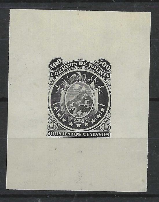 Bolivia Jean Sperati black forgery proof for 1870 500r. black on thin paper without gum.