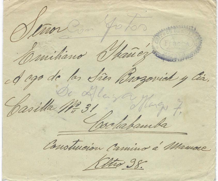 Bolivia (Chaco War) c.1932 envelope reduced at right to  Cochabamba bearing oval Franca Moraya handstamp in blue-violet, reverse with straight-line CENSURADA and oval cachet Corregimiento/ Moraya/ Del Canton plus arrival cds.