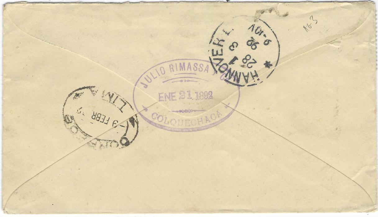 Bolivia 1892 5c. postal stationery envelope uprated rouletted 1c. and perforated 5c. tied by cork cancels of Colquechaca and addressed to Hannover, Germany. Annotated “Via Panama”, reverse with oval Lima transit and arrival cds.