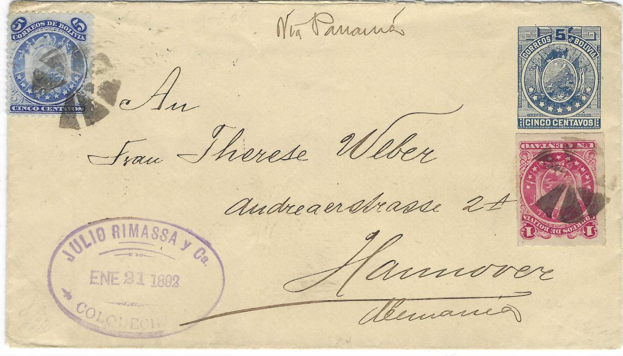 Bolivia 1892 5c. postal stationery envelope uprated rouletted 1c. and perforated 5c. tied by cork cancels of Colquechaca and addressed to Hannover, Germany. Annotated “Via Panama”, reverse with oval Lima transit and arrival cds.