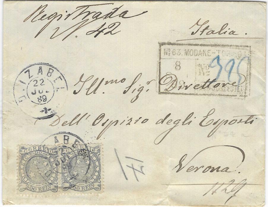 Brazil 1889 (22 Jul) registered cover to Verona, Italy franked two 1887 300r dull blue tied by D.Izabel cds, registration No.63 Modane – Torino tpo handstamp, reverse with Porto Alegre transit of 29th and blue Rio De Janeiro transit of 15 AGO; light vertical crease clear of adhesives.
