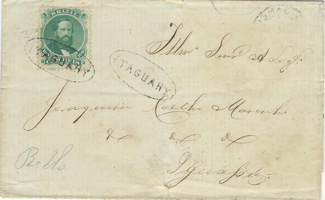 Brazil 1875 outer letter sheet to Iguassvy franked Dom Pedro 100 reis green tied by oval-framed ITAGUAHY handstamp, reverse with Rio de Janeiro transit cds.