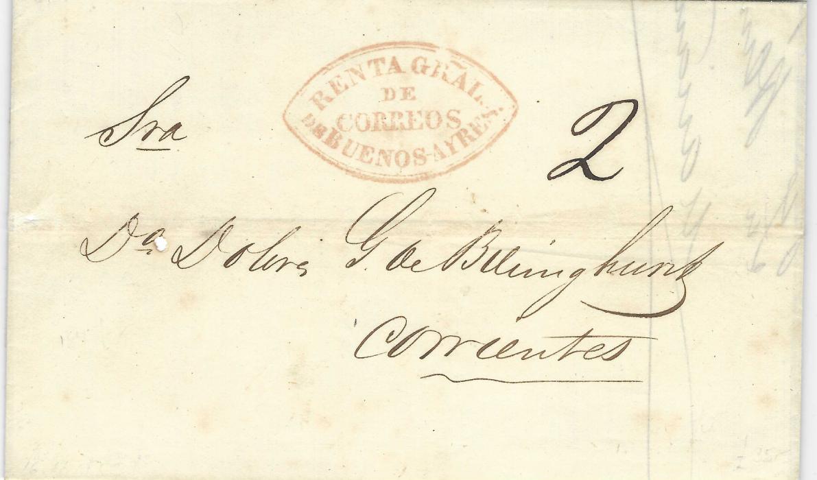 Argentina 1852 folded part entire to Corrientes cancelled by red-brown oval  RENTA GRAL/ De/ Correos/ De Buenos Ayres, manuscript “2” reales rating; small worm hole at left and damage to entire, fresh clear cancel.