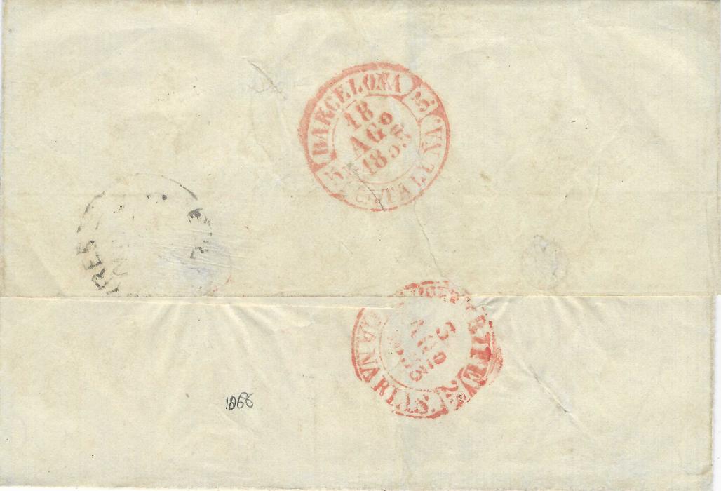 Argentina (British Post Office - Disinfected) 1853 outer letter sheet to Barcelona, rated “1/-“ in manuscript, also bearing black crown circle Paid At Buenos Ayres that is overstruck by circular framed 7.R handstamp, endorsed at top “Via Canarias” with on reverse red Canarias (3 Ago)  cds and Barcelona (18.8.)arrival, rated. The wrapper also shows four small diagonal slits for fumigation.