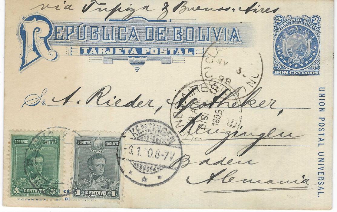 Bolivia (Picture Postal Stationery) 1899 2c. card uprated with 1c. and 5c. to Kenzingen, Germany with obverse blue image of a group of Llama; good condition.