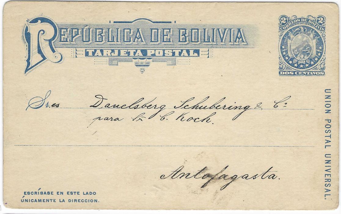Bolivia (Picture Postal Stationery) 1899 2c. card used to Antofagasta, Chile bearing image of small town on riverside.