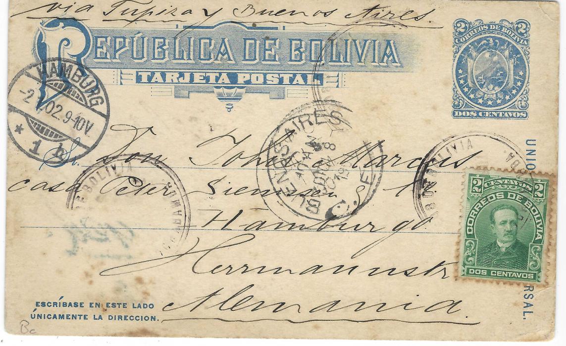 Bolivia (Picture Postal Stationery) 1902 2c. card depicting horses and wagon under tree uprated to Hamburg, Germany with one stamp now missing