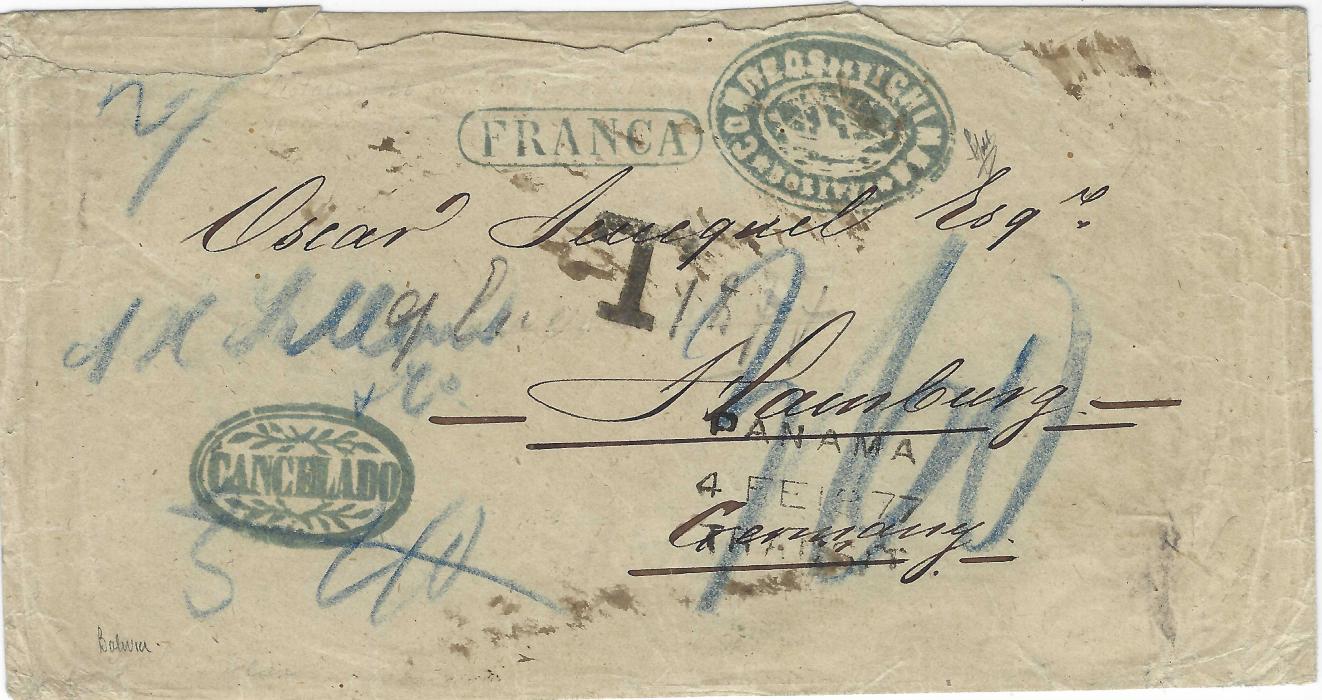 Bolivia 1877 cover to Hamburg bearing very fine negative Correos de la Chimba Bolivia with illustrated Ship centre, framed FRANCA and oval-framed fancy CANCELADO, the reverse with three-line La Chimba/ Enero date stamp, routed via British Post Office at Panama with three-line handstamp on front, London transit and arrival backstamps, receiving in Hamburg a handstamped T and manuscript 