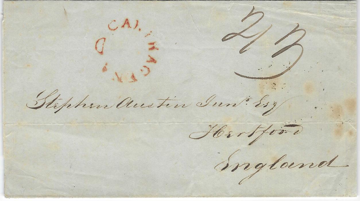 Colombia 1841 large part outer letter sheet to Hertford, England bearing manuscript “2/3” rating with to left Carthagena fleuron, a transit handstamp used in Jamaica, reverse with unclear Kingston Jamaica date stamp, London transit; some slight faults, still a good example.