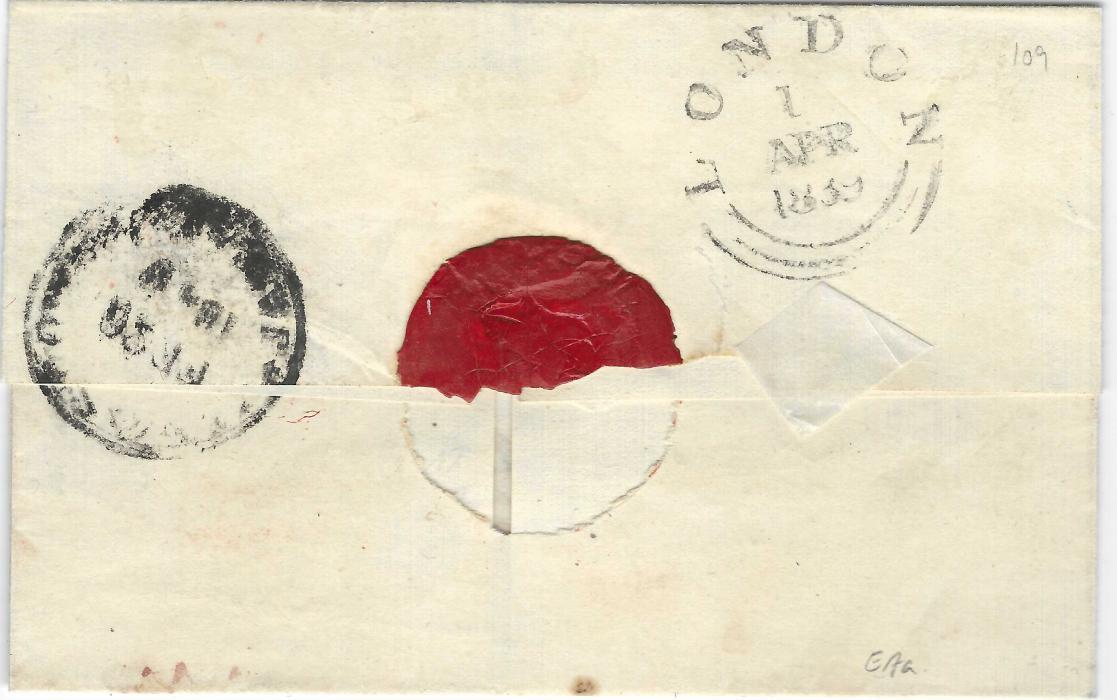 Colombia 1839 (20 Jan) outer letter sheet to London bearing handstamped 3 and oval Bogota Franco handstamp, at bottom left red-brown Carthagena fleuron, a transit handstamp used in Jamaica, reverse with unclear Kingston Jamaica date stamp, double-arc London arrival of 1 Apr; fine and fresh condition.