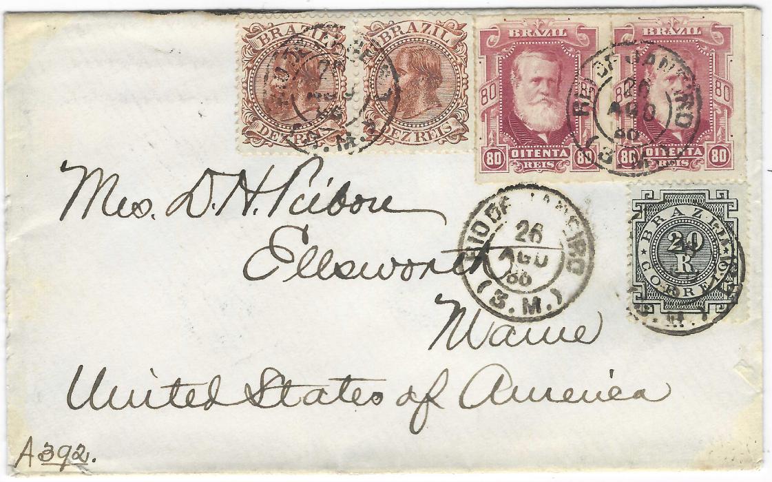 Brazil 1888 (26 AGO) cover to Ellsworth, Maine, USA bearing three issue mixed franking with 1878-79 ‘Pedro’ 80r. rouletted pair, 1882-85 10r. pair and 1884-88 20r. Numeral, tied Rio De Janeiro double-ring cds, reverse with New York transit. Fine and attractive scarce franking.