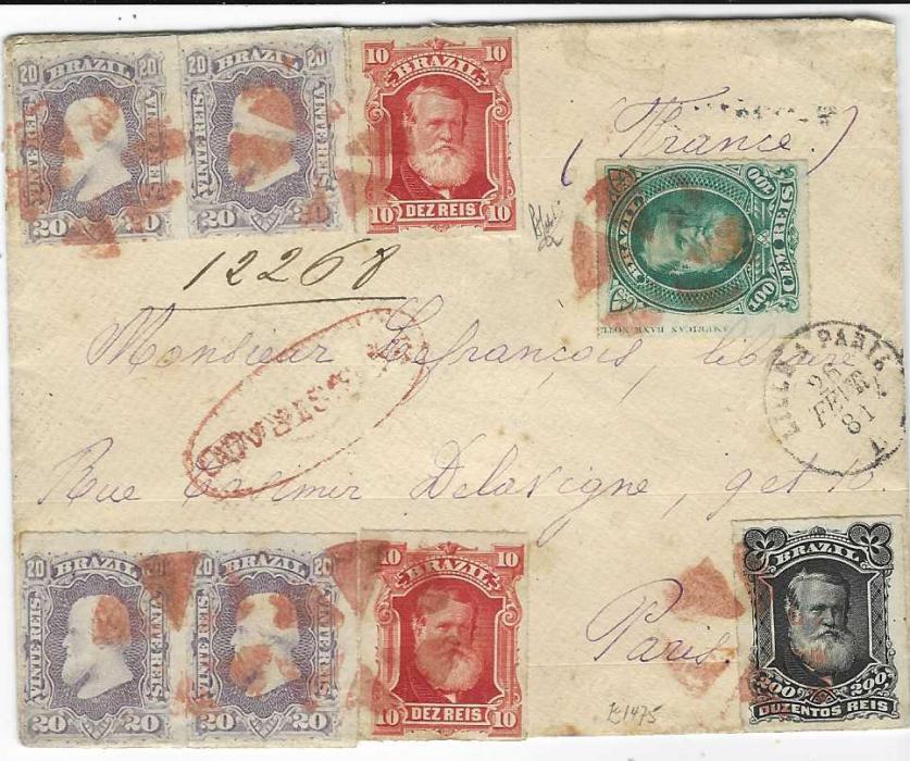 Brazil 1881 (27 Jan) registered cover to Paris franked 1878-79 rouletted 10r. vermillion (2), 20r. (4 in two pairs), 100r left hand marginal with inscription in margin and a 200r. cancelled by fine red segmented cork hand stamp, Rio De Janeiro cds on reverse and oval framed REGISTRADO on front, Lille A Paris cds on front with other French cancel on reverse. A fine, striking cover. Peter Holcombe Cert. (1985).