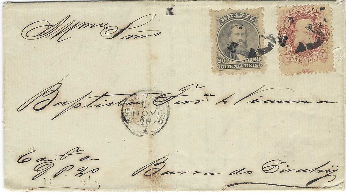 Brazil 1876 (15 Nov) internal entire franked 1866 20r. and 80r. Pedro with unclear cork cancels, Rio De Janeiro cds to left; some light overall toning and ironed-out vertical filing crease.