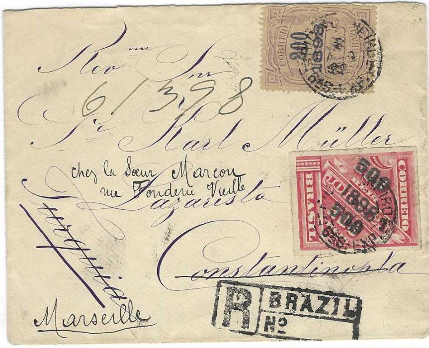 Brazil 1899 registered cover to Constantinople bearing 1898 Newspaper stamps 500 on 300r. and 200 on 100r. (perfs at right slightly shaved) cancelled Rio de Janeiro, redirected upon arrival to Marseille, reverse with cds of French Post Office; missing backflap, a scarce combination.