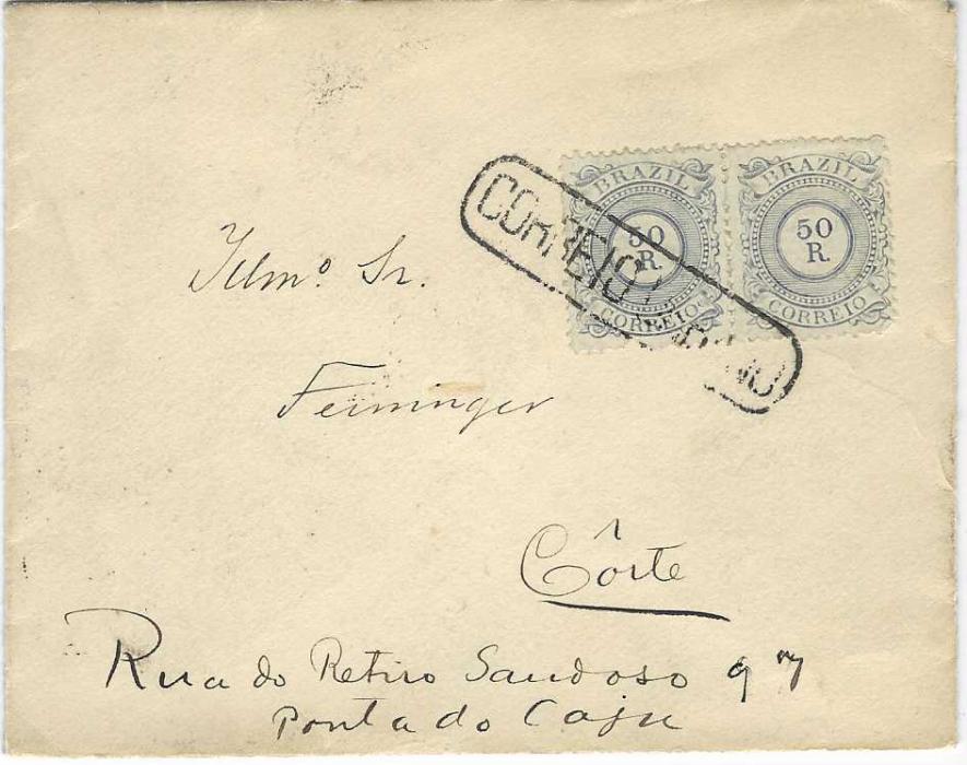 Brazil 1888 Local ‘Rio De Janeiro’ envelope franked 1887  50 reis (2) tied by oval-framed CORREIO URBANO handstamp.