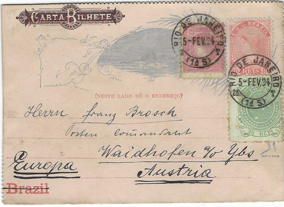 Brazil 1894 80r. illustrated internal postal stationery letter card, uprated 20r. and 100r. cancelled Rio De Janeiro cds, addressed to Waidhofen, Austria with arrival backstamp.