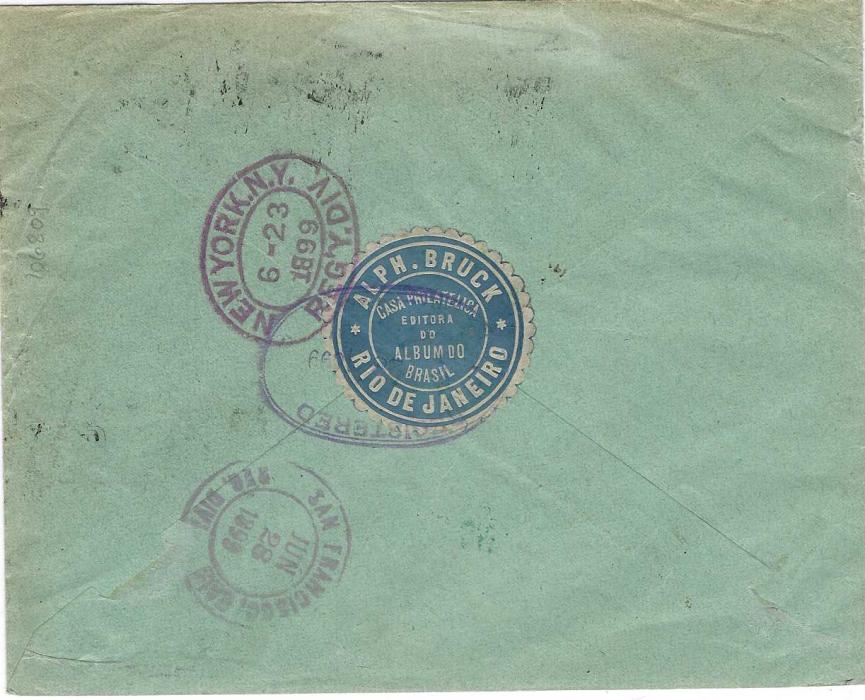 Brazil 1899 (1 Jun) registered cover to San Francisco 1898 Newspaper Stamp 1000 on 700r. orange-yellow tied by Rio De Janeiro cds, endorsd “pr Buffon” at left, New York transit and arrival backstamps, also with scallop seal of Alph Bruck, Stamp dealer