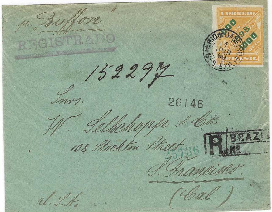 Brazil 1899 (1 Jun) registered cover to San Francisco 1898 Newspaper Stamp 1000 on 700r. orange-yellow tied by Rio De Janeiro cds, endorsd “pr Buffon” at left, New York transit and arrival backstamps, also with scallop seal of Alph Bruck, Stamp dealer