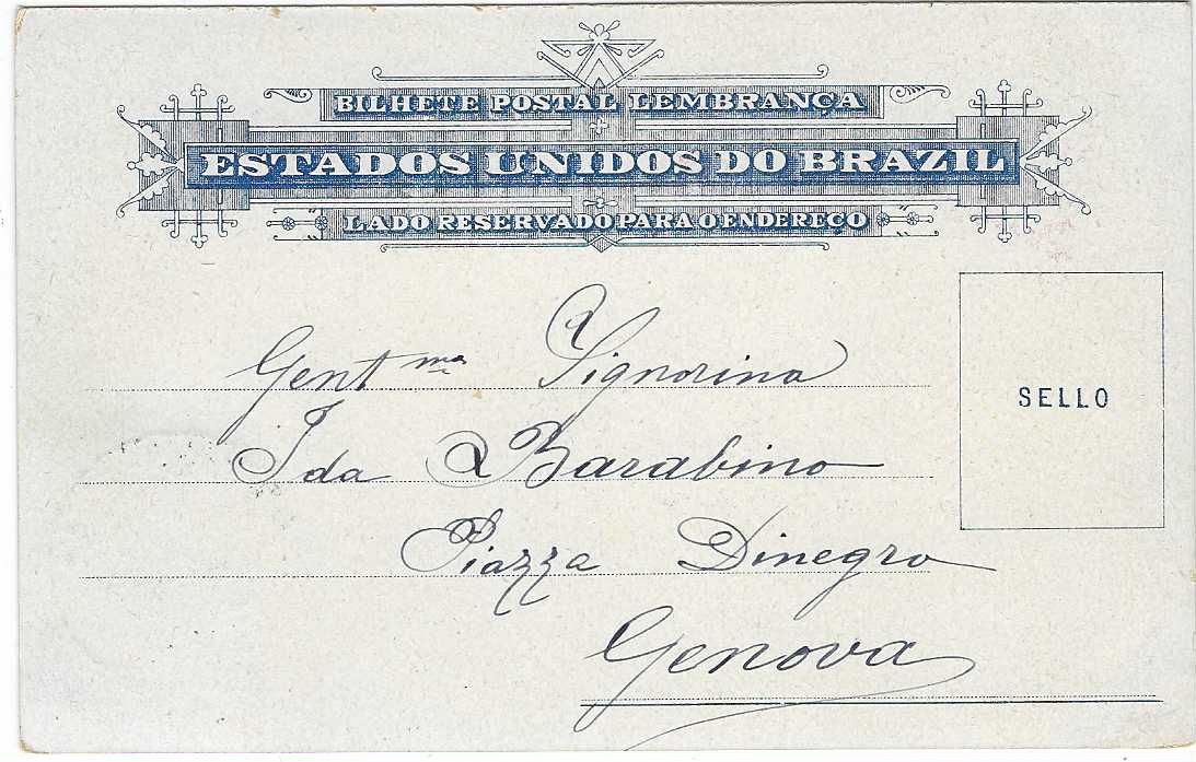Brazil 1900 (17. Dic) litho picture postcard ‘Serra da Cantareira/ s. Paulo’ to Genova franked picture side  by 1898 50 reis on 20r tied by blue Italian maritime cds Manilla Piroscafi D Postale Italiano.  Very fine and striking.