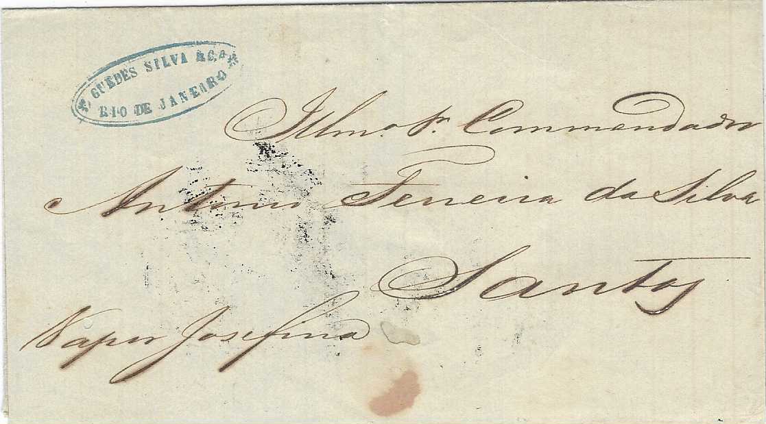 Brazil Folded outer letter sheet to Santos franked on reverse 1850 Goats Eye 30r. block of six (large margins to touched on two sides) tied by illegible cds’s, on front Rio De Janeiro company chop, manuscript annotation “vapor Josefera”.