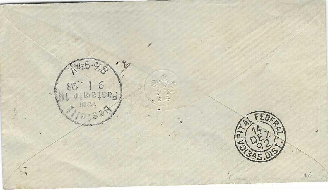 Brazil 1892 (13 Dez) registered cover to Berlin, Germany bearing single franking 1890 500 reis olive buff tied S. Paulo cds, reverse with Capital Federal transit and arrival cds.