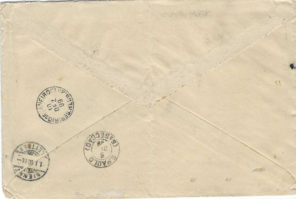 Brazil 1899 (8 Dez) registered cover to Biel, Switzerland franked Newspaper 1898 500 on 300r. and 1000 on 700r. orange-yellow plus 1899 100 on 50r. tied by Campinas S.Paulo cds, various transits and arrival cds; central vertical filing crease clear of stamps. A fine and scarce franking.