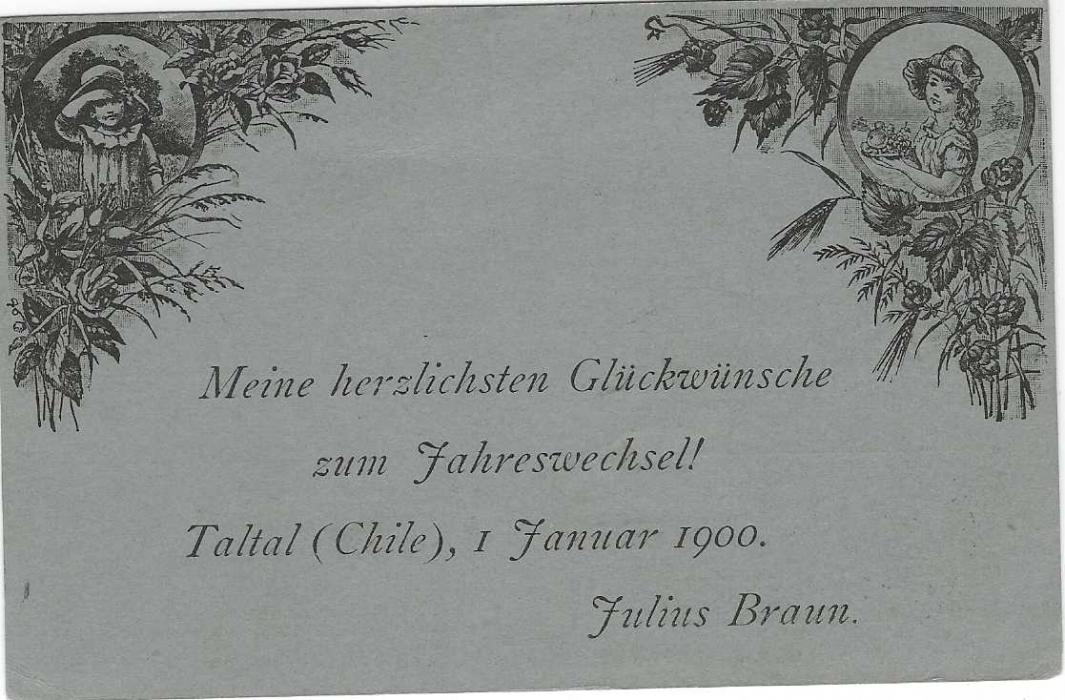 Chile 1900 3c. illustrated postal stationery card with  New Years Greetings in German, depicting Children in a floral setting; fine condition