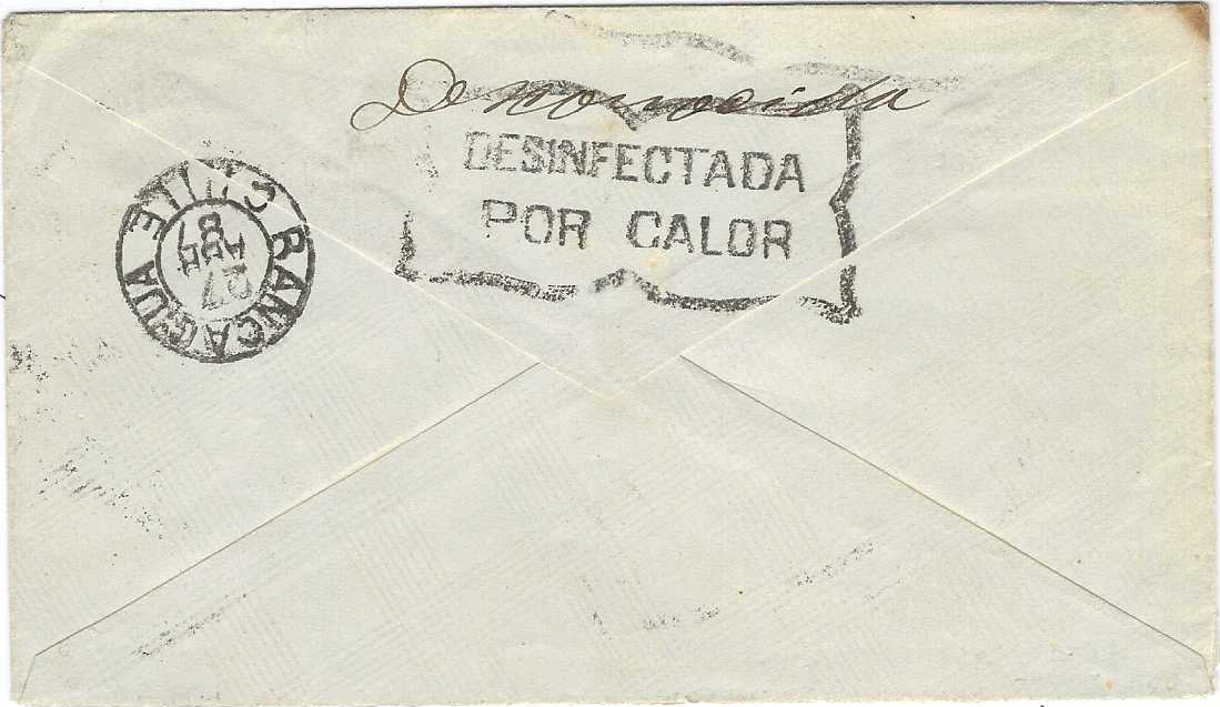 Chile (Disinfected Mail) 1887 (12 Abr) 5 cents postal stationery envelope to Rancagua bearing, on reverse, ornate framed ‘DISINFECTADA/ POR CALOR’ disinfection cachet with arrival cds alongside.