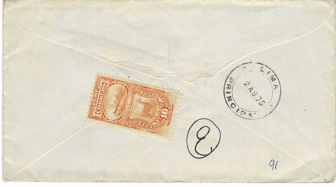 Colombia 1875 cover to Lima, Peru bearing fine oval-framed BOGOTA * DE OFICIO handstamp, reverse with Lima Principal cds plus an erroneous 10c. postage due.