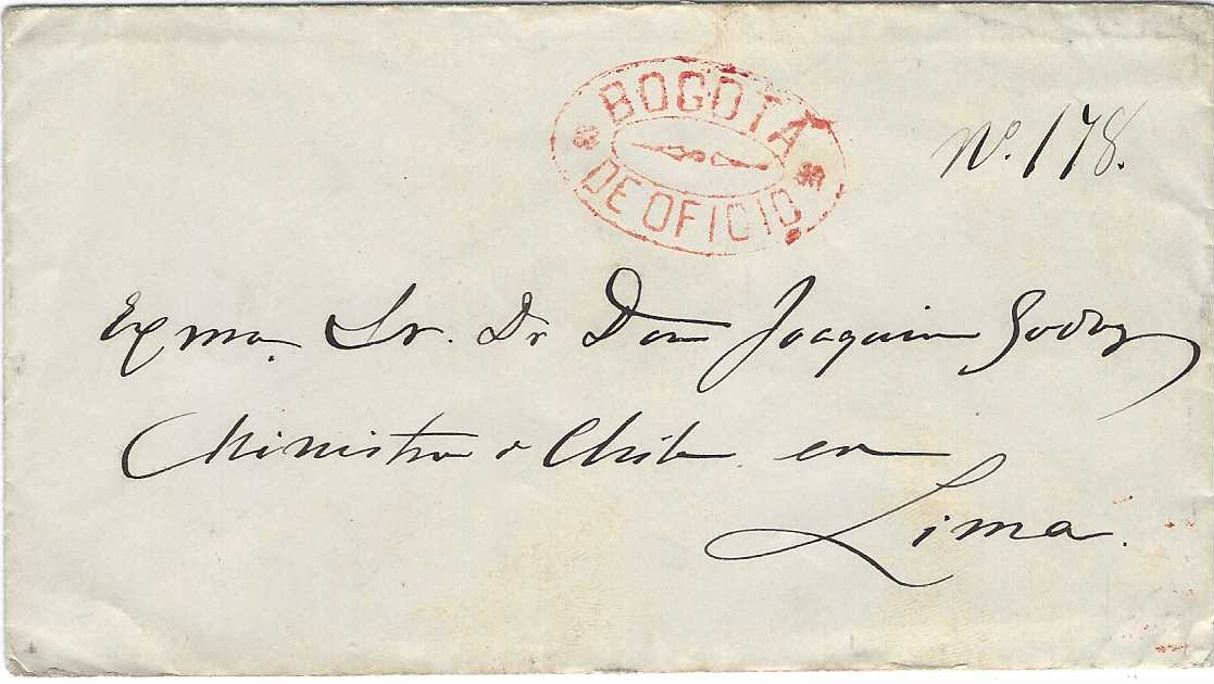 Colombia 1875 cover to Lima, Peru bearing fine oval-framed BOGOTA * DE OFICIO handstamp, reverse with Lima Principal cds plus an erroneous 10c. postage due.