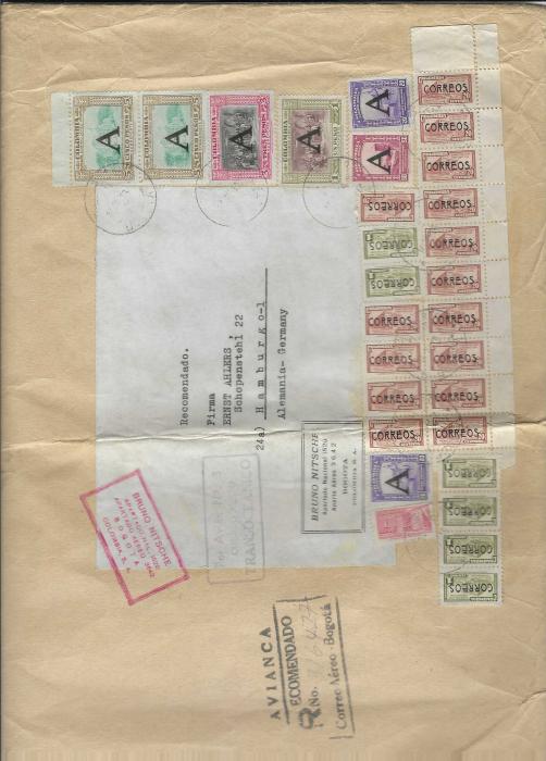 Colombia 1950 large registered cover to Hamburg with combination postage stamps and ‘A’ overprinted Avianca airmails including the 1p., 3p. and pair of 5p. Rare commercial usage of a 5p pair. 