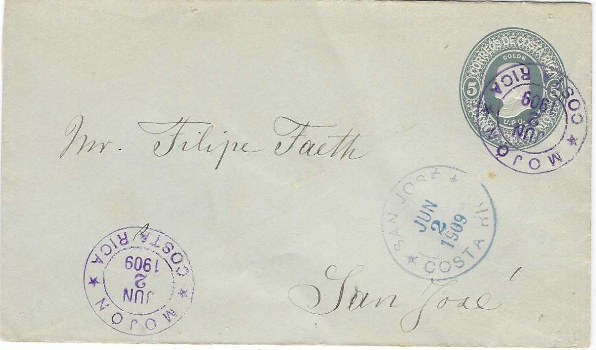 Costa Rica 1909 (2 Jun) 5c.postal stationery  envelope to San Jose cancelled by violet double-ring Mojon cds with another strike at left and blue arrival cds at right; fine clean condition.