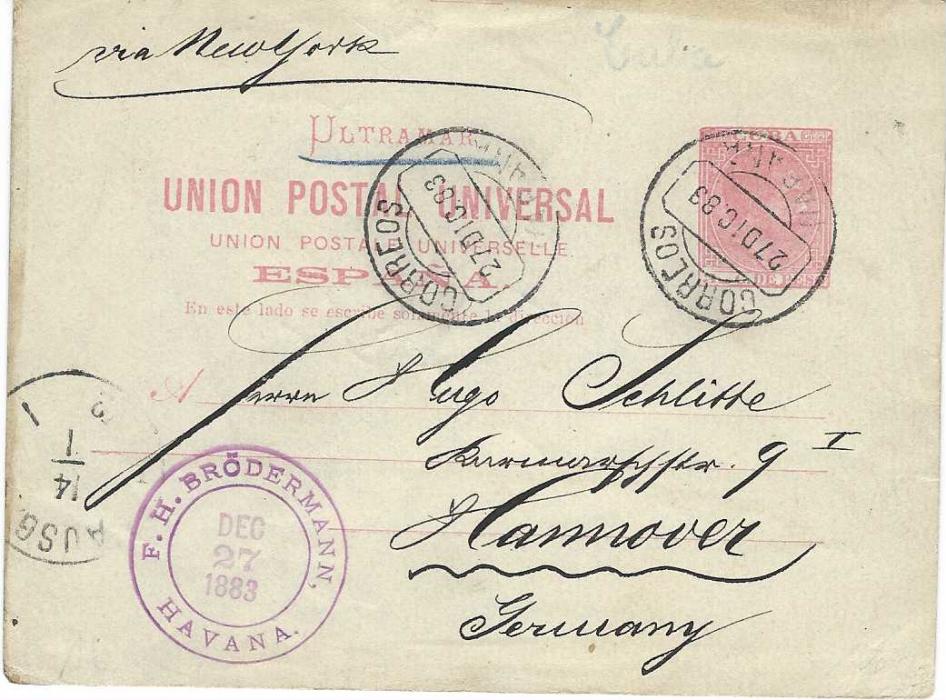 Cuba 1883 (27 Dic) 3c. postal stationery card to Hannover, Germany  cancelled Habana cds, dated company handstamp bottom left and arrival cds, mounting residue on reverse.