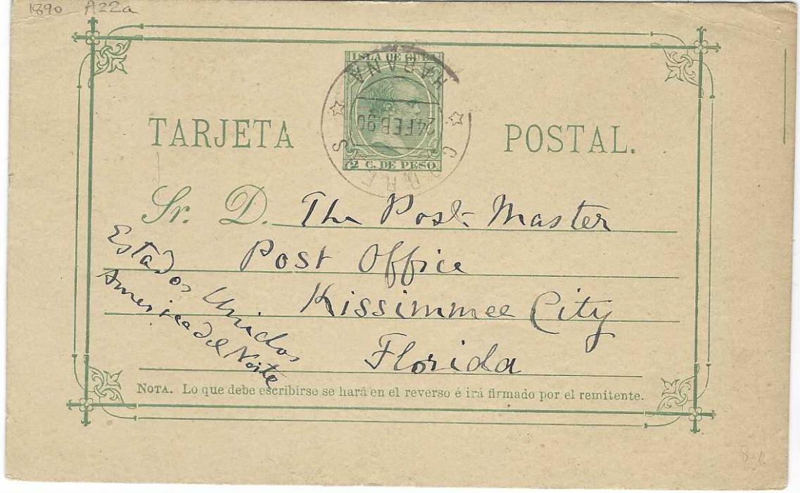 Cuba 1890 (24 Feb) 2c. postal stationery card, type 1A,  to Florida tied by single Habana cds. Fine and fresh condition with a full message.