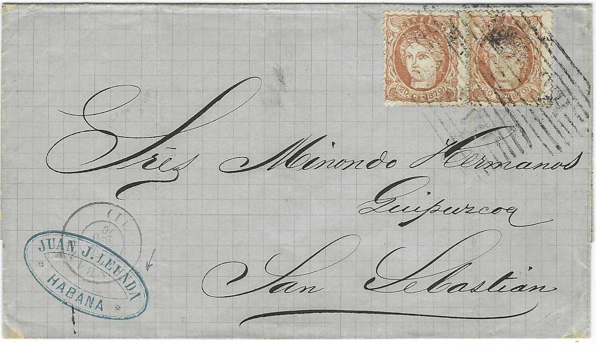 Cuba 1870 outer letter sheet to San Sebastian franked pair 20c. tied HABANA in bars cancels, circular Habana cds overstriking company chop, arrival backstamp.