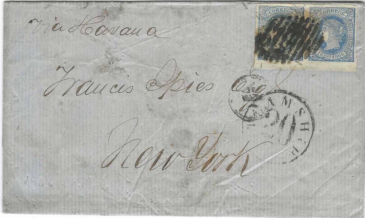 Cuba 1866 (3 Mars) entire written from Santiago to New York franked bottom marginal pair of 10c. with grill cancel, unclear cds overstruck STEAMSHIP 20 handstamp; some wrinkling and soiling.