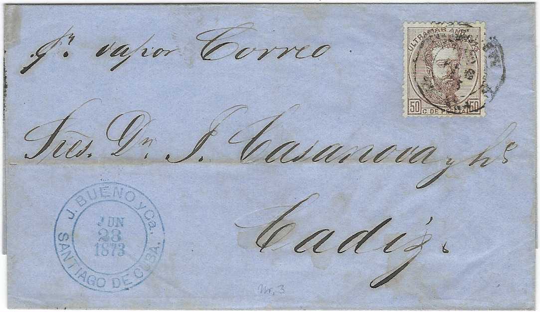 Cuba 1873 outer letter sheet to Cadiz franked 50c. tied by Habana cds, Santiago De Cuba company chop at left, endorsed at top 