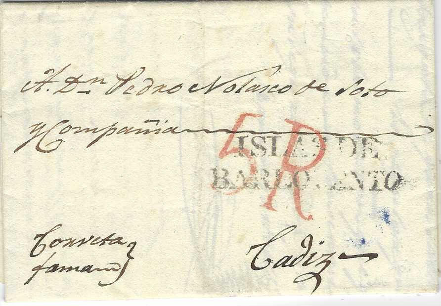 Cuba 1824 (Jan) entire to Cadiz from Havana with straight-line ISLAS DE/ BARLOVENTO handstamp, superimposed with red ‘5R’ rate handstamp; fine condition.