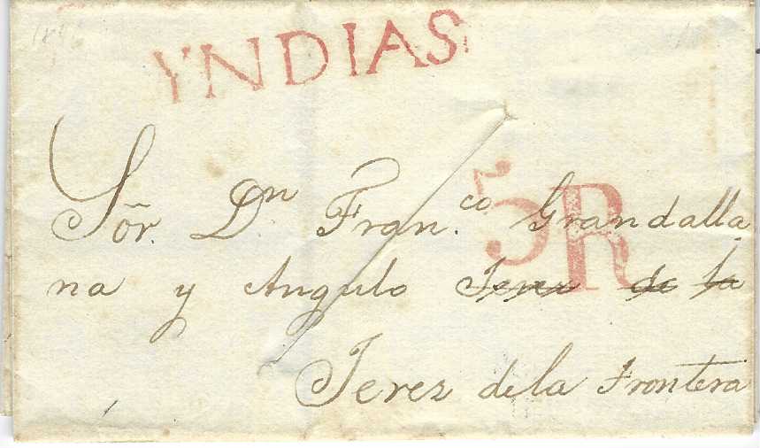 Cuba 1846 outer letter sheet to Jerez de la Frontera with straight-line YNDIAS handstamp and unaligned 5R rating, reverse with Cadiz transit. Disinfected with large diagonal slit on reverse.
