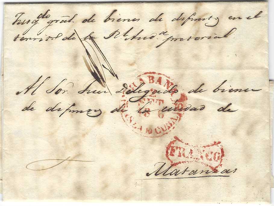 Cuba 1846 and 1851 pair of outer letter sheets used locally with red and blue Habana date stamps with similar framed FRANCO handstamps, one with some overall toning.