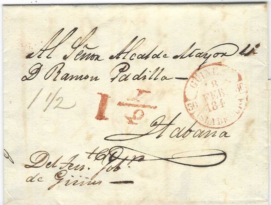 Cuba 184? Outer letter sheet to Habana with red Guines Isla De Cuba and handstamped ‘1 ½ ‘ at centre, reverse with manuscript “De oficio” and signature endorsement.