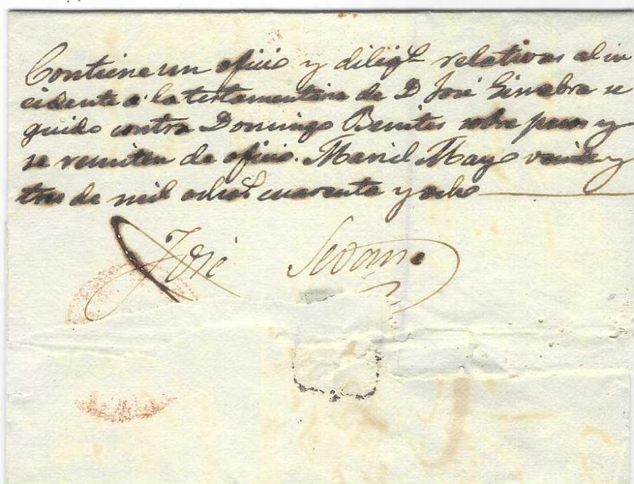 Cuba 1848 (23 May) outer letter sheet to Habana with red Mariel Ila De Cuba despatch, rated ‘3’. Long endorsement on reverse with signature and unclear arrival cds; a scarce cancel.