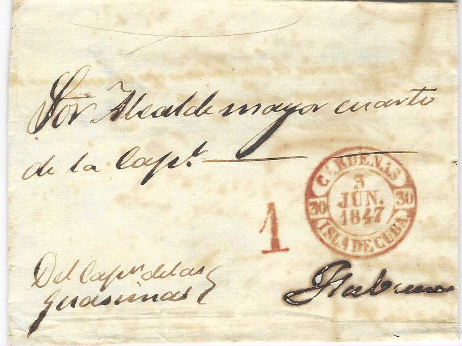 Cuba 1847 and 1850 outer letter sheets to Habana both with Cardenas Isla De Cuba despatch date stamps in red and blue, both with matching ‘1’ handstamps.